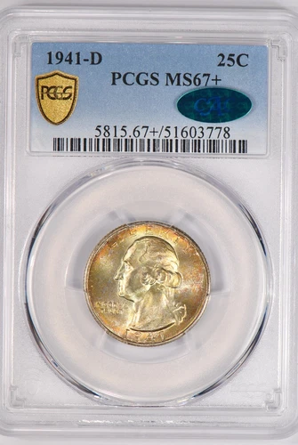 1941 D TONED Washington Quarter PCGS MS67+ CAC Toning PLUS Coin 25C