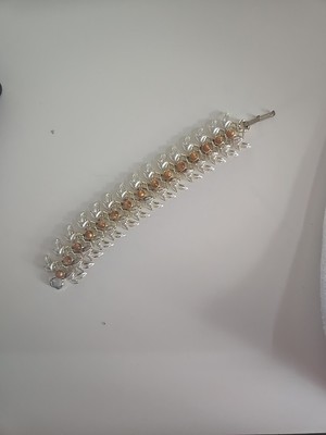 Signed Judy Lee Gold Amber Cat Eye Stone w Gold Leaves Enameled in Pearl Braclet