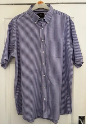 M&S Collection Blue & Pink Striped Short Sleeve Shirt Size Large | Good cond - Image 1 of 3