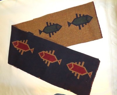 Vintage Pendleton Heavy Blanket Wool Fabric Remnant 12 x 60  Fish Navy Gold