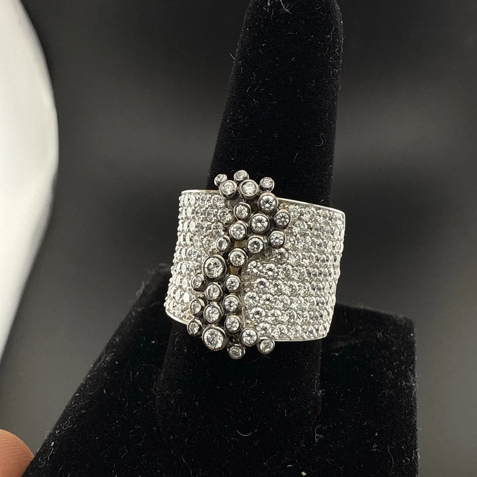 Sonia B Bitton Ring Sterling Silver CZ  Pave Clear Lunette Sz 9.5-10 Statement - Image 3 of 4