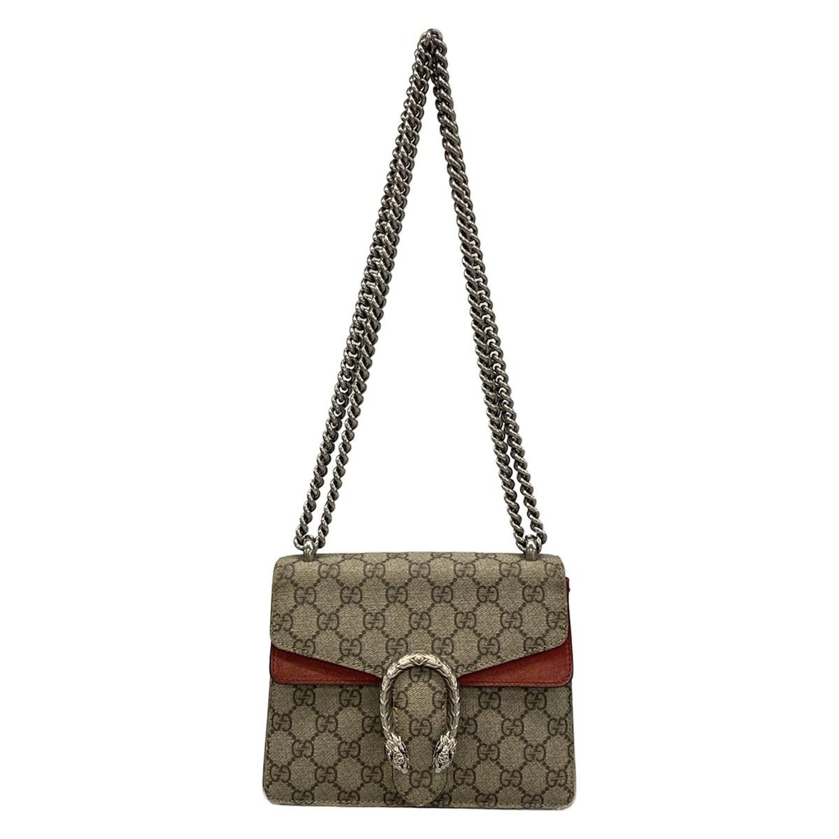 Gucci  Dionysus Shoulder Bag GG Supreme PVC Suede Beige Red Made In Italy JP