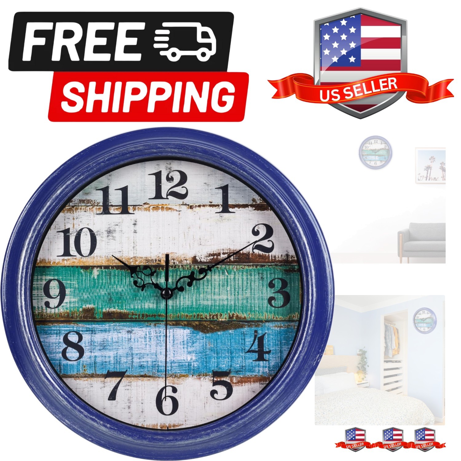 Battery Operated 12inch Silent Vintage Rustic Coastal Wall C