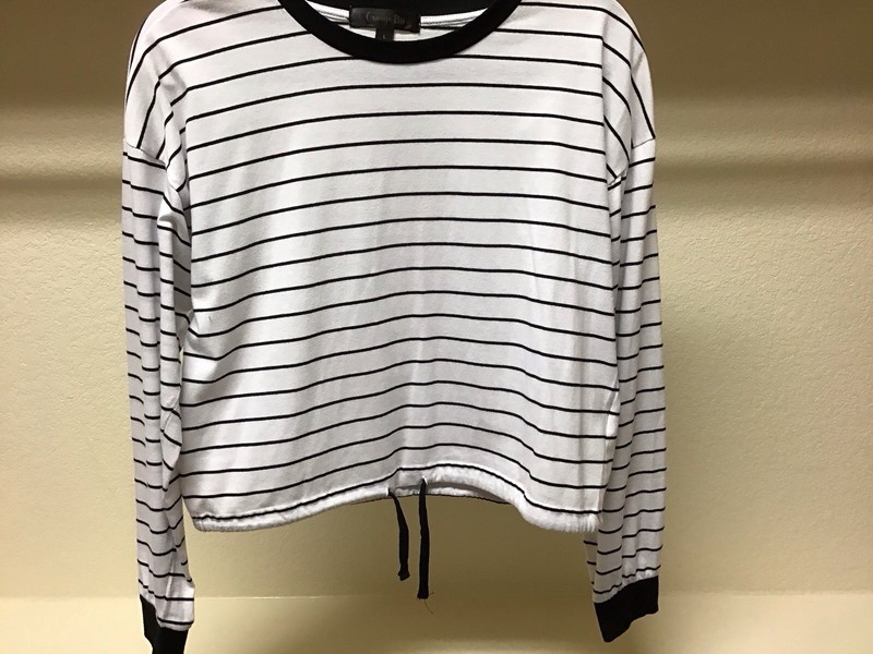 Orange Kiss Long Sleeve Striped Linen Blend Shirt Top Womens L White Black
