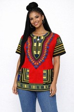 African Dashiki Blue Cotton Short Sleeve Shirt for Women Men Traditional Print
