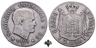 NAPOLEONE I 2 lire 1808 Milano MOLTO RARA Regno d'Italia ARGENTO