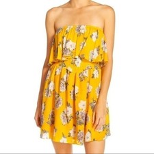 MinkPink Size M Yellow Floral Strapless Smocked Top Mini Dress Cover Up