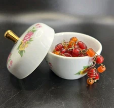 Vintage Porcelain Floral Trinket Dish with Gold Accent