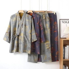 Men's Kimono Robes with Long Pants Pajamas Set Home Clothes Cotton Loose Clothes