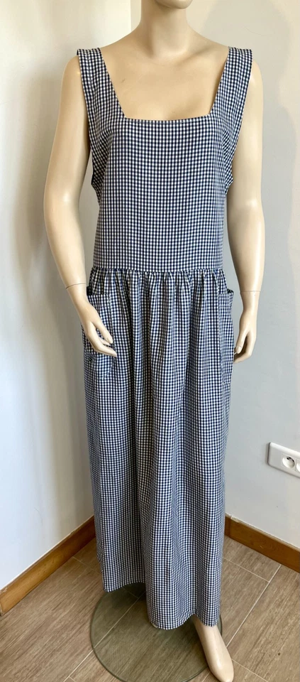 robe T38/40 longue ample vichy bleu blanc sans manche carreaux poches 723/ - Photo 1/4