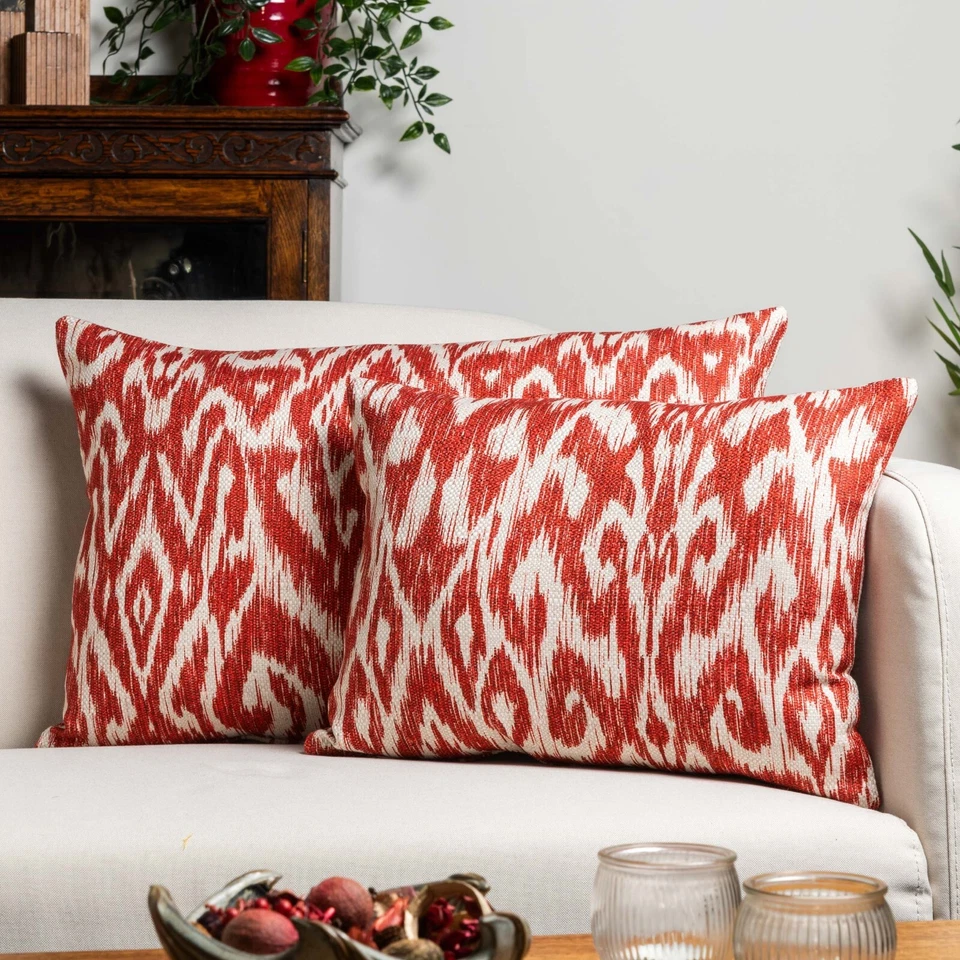 Textured Linen Blend Abstract Ikat Boudoir Cushion. Bright Cherry Red. 17x12" - Image 2 of 4