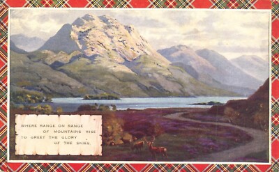 Mountain & Lake Scotland Glens & Bens Plaid Border Postcard Valentine & Sons
