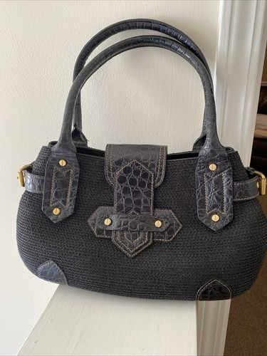 Eric Javits Black Woven Squishee Straw Croc Embossed Leather Shoulder Bag - Picture 14 of 16