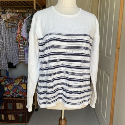 Jeanswest Knit Pullover Jumper Womens M Cream Blue Stripe Textured Cotton - Picture 2 of 16