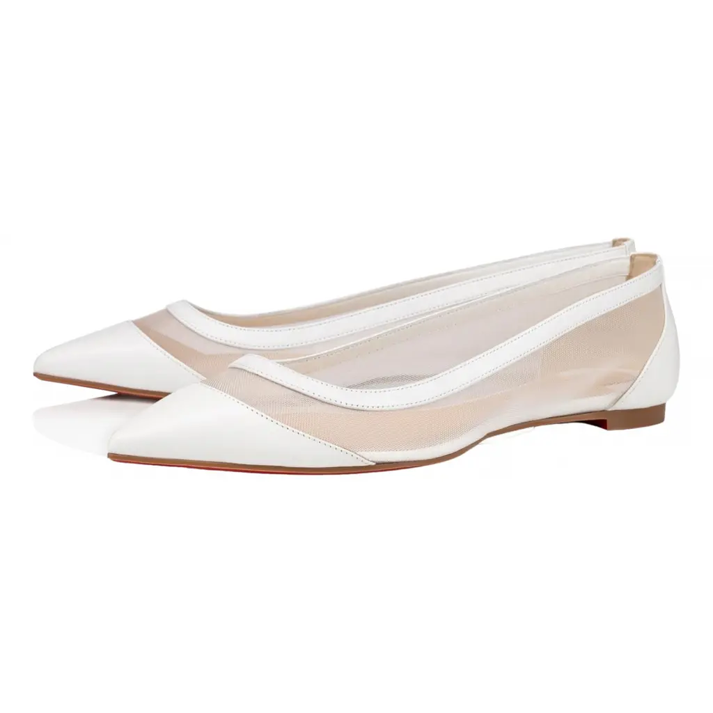 Christian Louboutin Galativi Flat White Leather Nude Mesh Pointed Ballerina  35