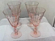 4 Vintage Fry co. Pink Glass Wine Water GOBLETS Floral Etched
