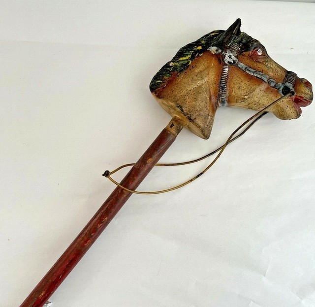 Vintage 35” Stick Hobby Horse Faux Carved Wood Head Kids Riding Toy eBay