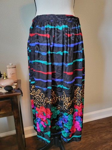 80s Vintage Black Midi Floral Silk Skirt, By Anne Crimmins For Umi Collections - Picture 6 of 8