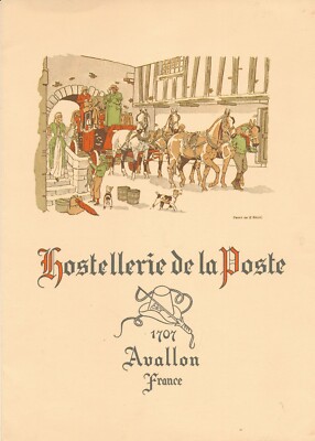 Vintage Menu Hostellerie de la Poste Avallon, France, Cover Art Dessia de Le Ral