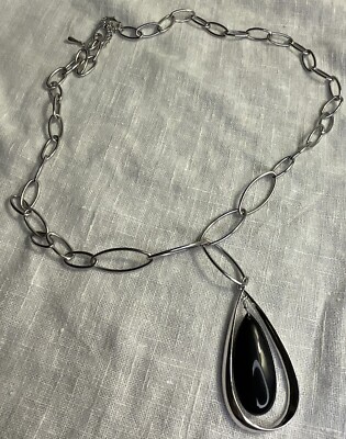 Lia Sophia ''Elixir'' Silver Tone Chain Link Long Necklace w/Black Teardrop Pendan