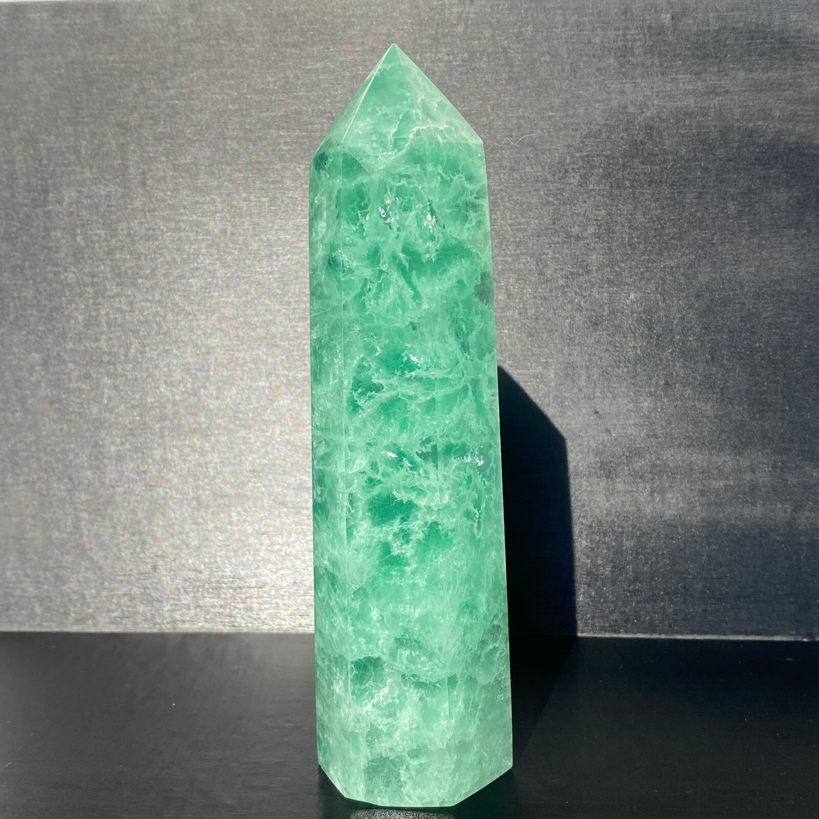 441G Natural Rainbow Fluorite Obelisk Quartz Crystal Reiki Wand Tower Point