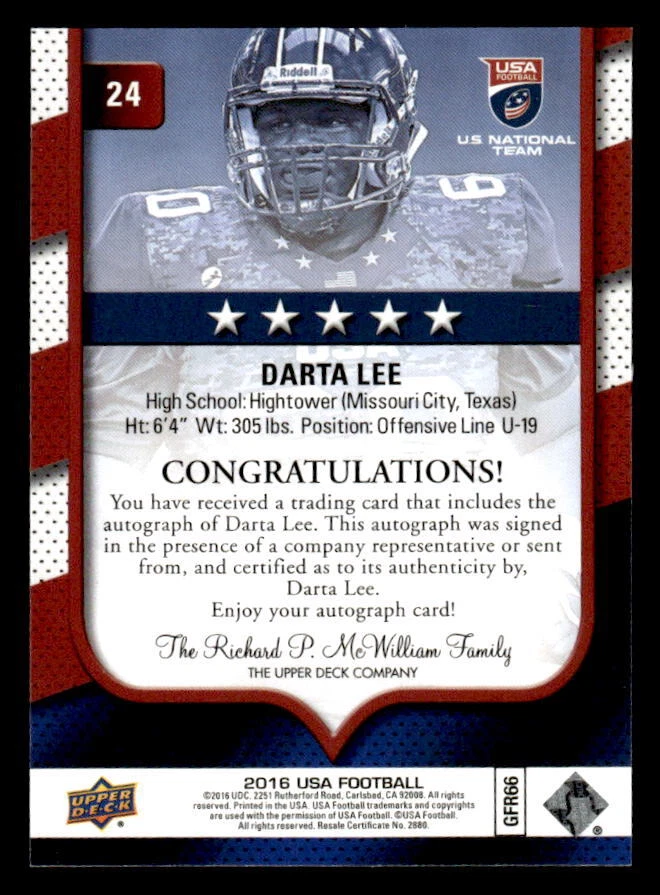 2016 Upper Deck USA Football #24 Darta Lee Autographs - Image 2 of 2