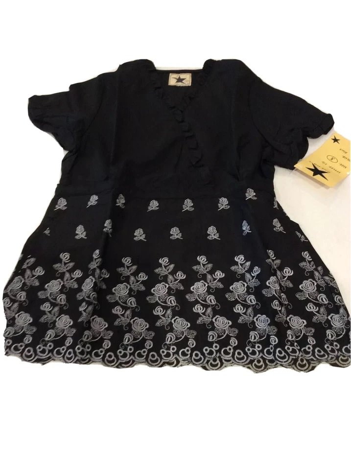 Medical Uniform Small Women Top Black Star Embroidered Black Cotton Blend NWT - Image 4 of 4