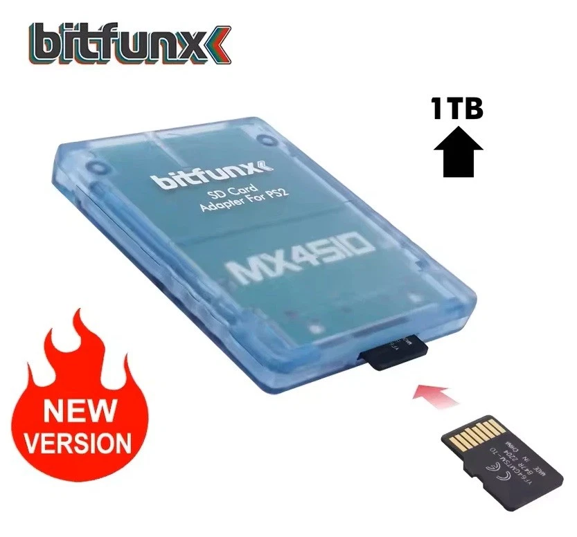 BITFUNX MX4SIO SD/MicroSD Adapter for PS2 Slim/Fat | SIO2SD External | Clear Blue!
