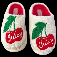 NWOT Juicy Couture White With Red Cherries Embroidered Slippers Size Small 5 / 6