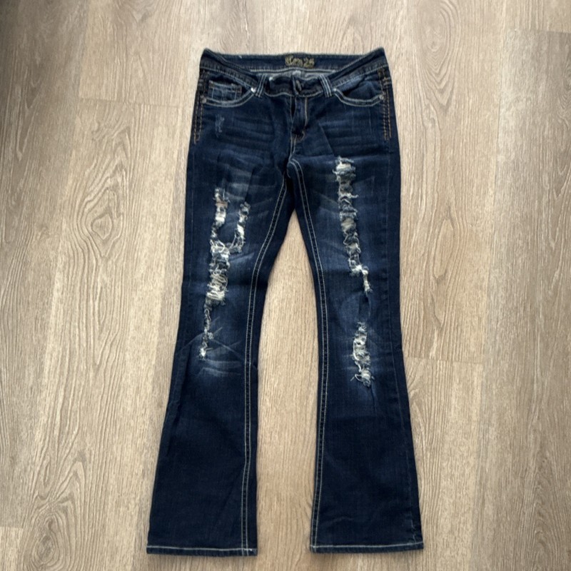 Girls 7/8 Dark Wash Blue Denim Distressed Bootcut Jeans, Embroidered, Button