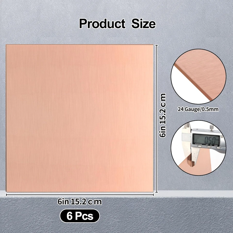 6-Pack 6" X 6" 99.9% Pure Copper Sheets, 24 Gauge, 0.5Mm Thickness Foto 2 de 4