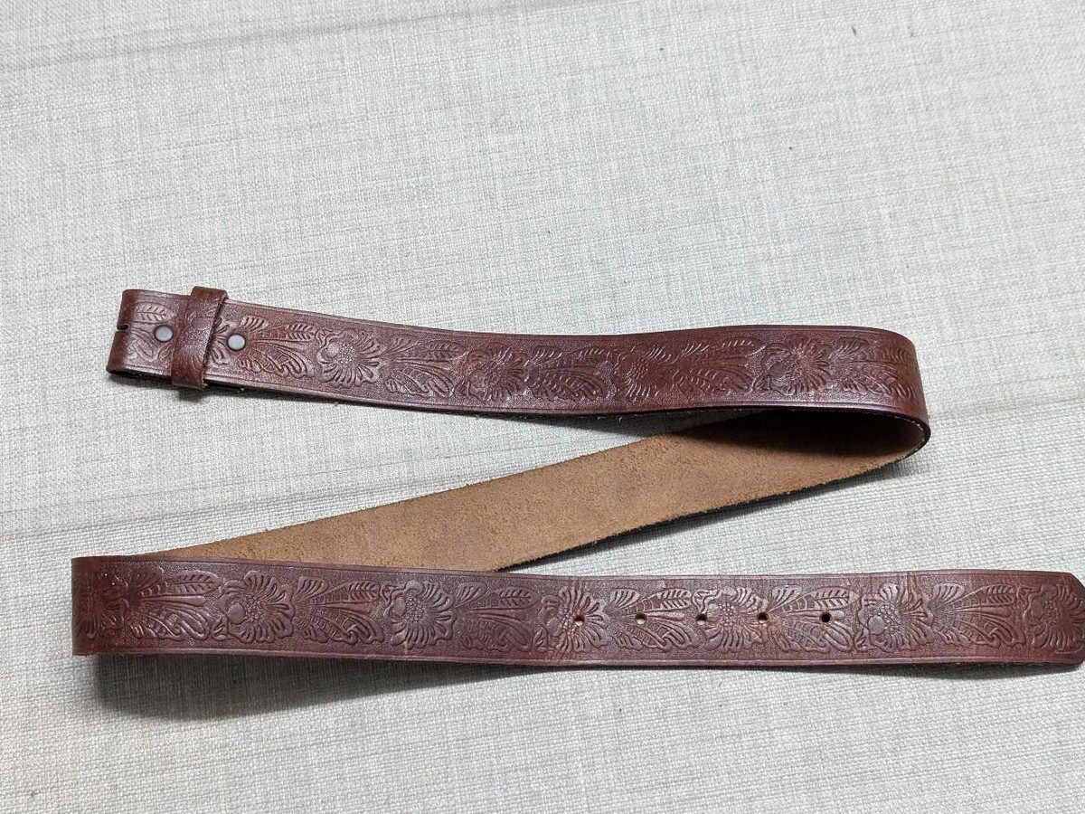 VINTAGE FLORAL ETCHED BUCKLE BROWN TOOLED LEATHER BELT WESTERN BOHO RODEO HIPPIE Western Floral Leather Belt for Men, Cowboy Cowgirl Embossed  main image 4
