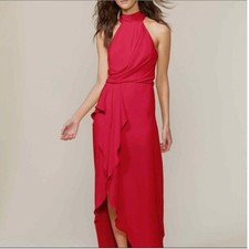 Halston Gown Womens 6 Red Halter High Neck Ruffle High Low Hem Excellent Dress
