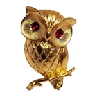 Vintage Gold Owl Brooch Red Crystal Eyes Bird Perched Branch Pin Costume Jewelry