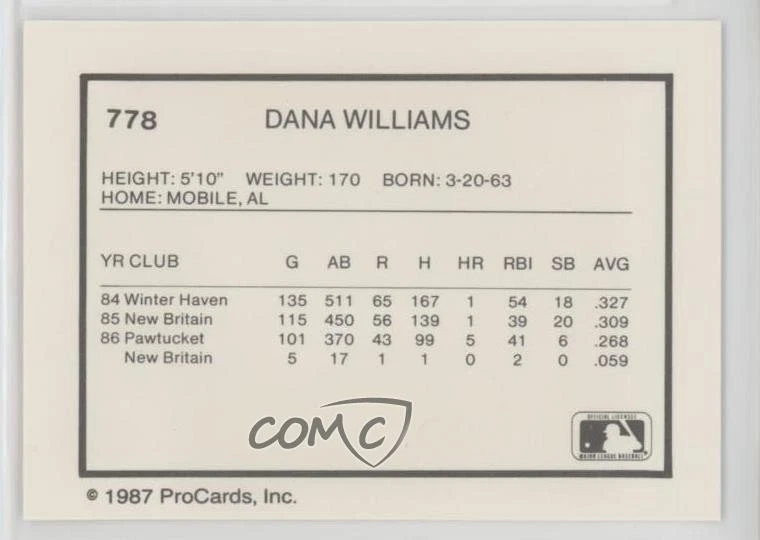 1987 ProCards Minor League Dana Williams #778 - Image 2 of 2