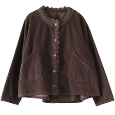 Women Corduroy Blouse Shirt Coat Jacket Top Lace Button Loose Casual Outwear -