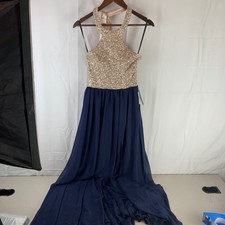 Xtraordinary Formal Gown Womens 5 Navy Gold Sequin Halter Chiffon Dress NEW