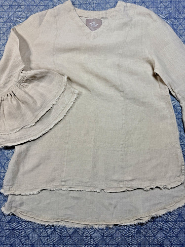 Crown Linen Designs Bella Bell Sleeve Top Large Flax Beige V-Neck Linen Tunic