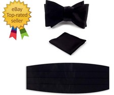 Men's Premium 100 Silk Cummerbund, Bow Tie, Handkerchief - Black Tuxedo set