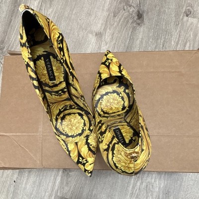 Versace Black/Gold Baroque Leather Pointed Toe Stiletto Slip-On Pumps 4.5