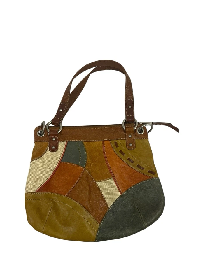 "Cartera de cuero fósil con retazos Bolso de hombro Bolso de mano Cremalleras Cierre 14,5"" H X 12,25"" L" Foto 2 de 4