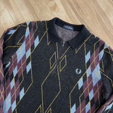Fred Perry Mens Medium Argyle Zip Neck Jumper Black Wool Blend Knitted Mod 60s