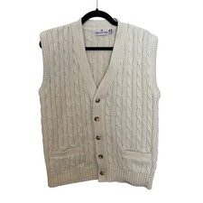 Redwood & Ross Mens Large Cable Knit Cardigan Vest Ivory V-Neck Made in USA