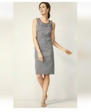 Talbots Dress Size 16P Black White Checks Sleeveless Pleated Neck Knee Length