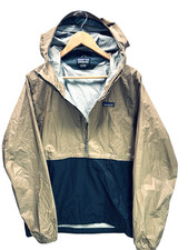 Patagonia Jacket Mens Medium Beige Blue Hooded Pullover Windbreaker Lightweight
