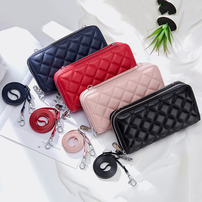 Quilted Design Soft Genuine Leather Sling Bag for Women Ladies Double Zip  Wallet