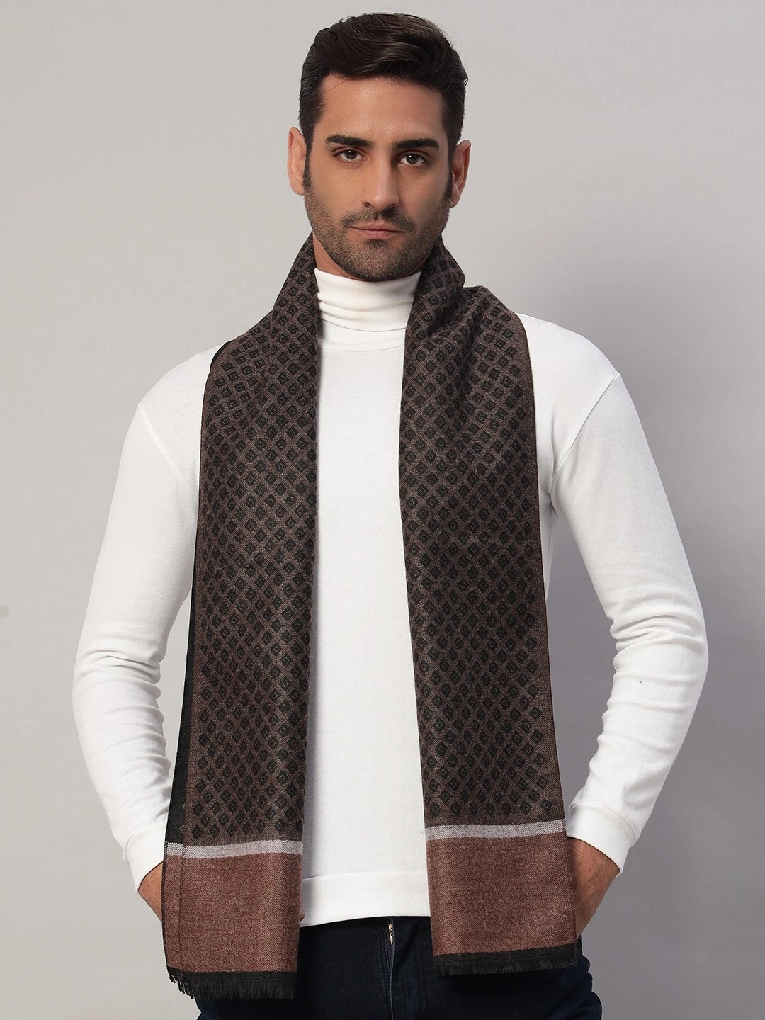 100% CASHMERE Scarf Check Brown Wrap Scarves Winter Warm Men Scarf Windproof