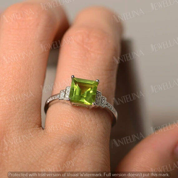 1.50 Ct Simulated Princess Cut Peridot & Diamond Ring 925 Sterling Silver Plated - Image 4 of 4