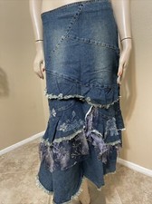 Women  s Blue Denim Cotton Casual Beaded Embroidered Boho Size L 8-10 Skirt 9004