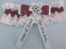 PERSONALISED FOOTBALL THEMED WEDDING GARTER CLARET  BLUE & WHITE